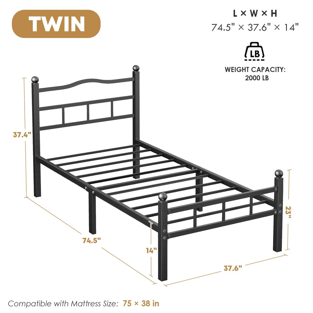 14 Inch Twin Bed Frame with Headboard and Footboard V5274