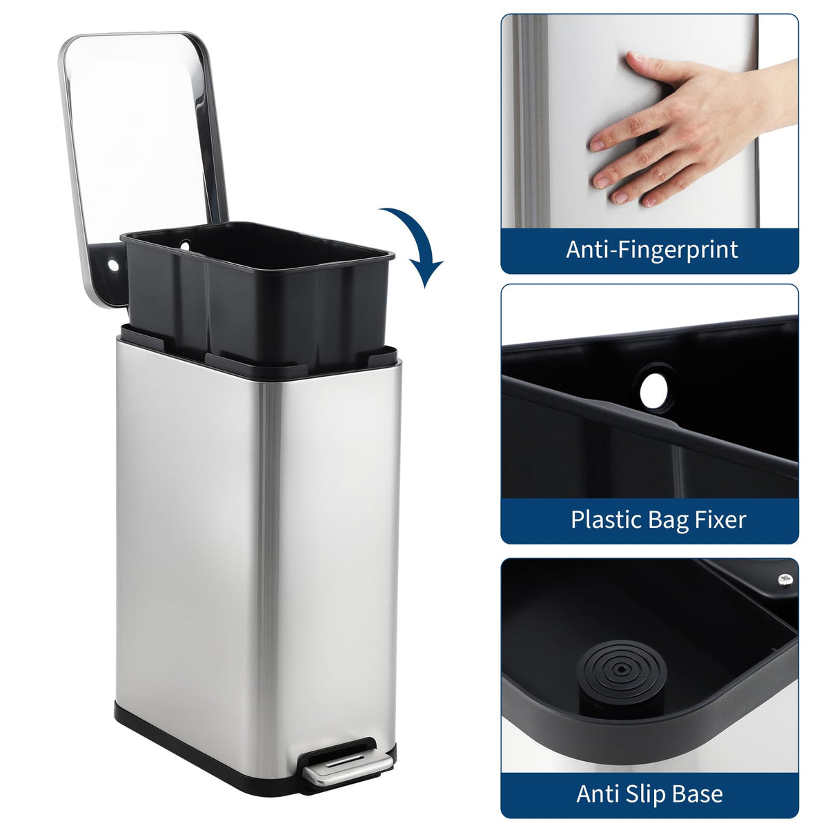 50L Slim Stainless Steel Step Trash Can with Soft-Close Lid V2084