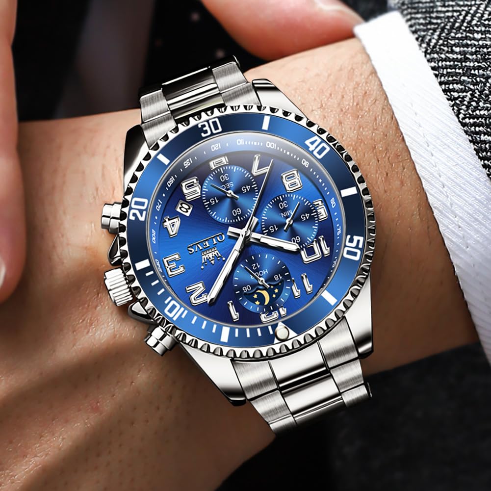 Mens Chronograph Moon Phase Two Tone Stainless Steel Waterproof Luminous Wrist Watch G373