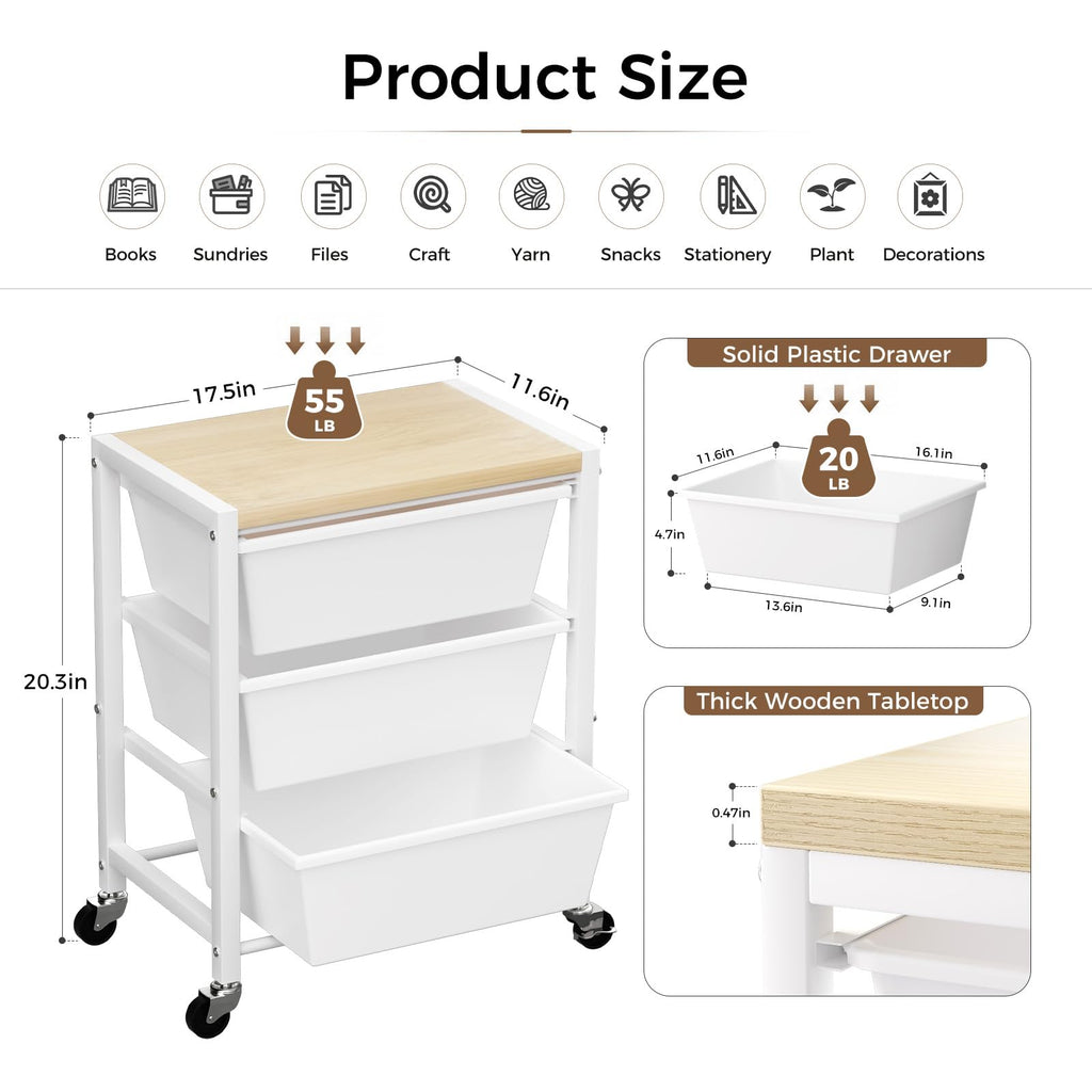 Rolling Cart with 3 Drawers, Lockable Wheels & Wooden Tabletop, Bright White L43672