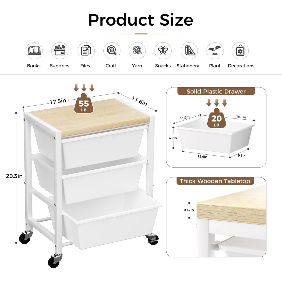 Rolling Cart with 3 Drawers, Lockable Wheels & Wooden Tabletop, Bright White L43672