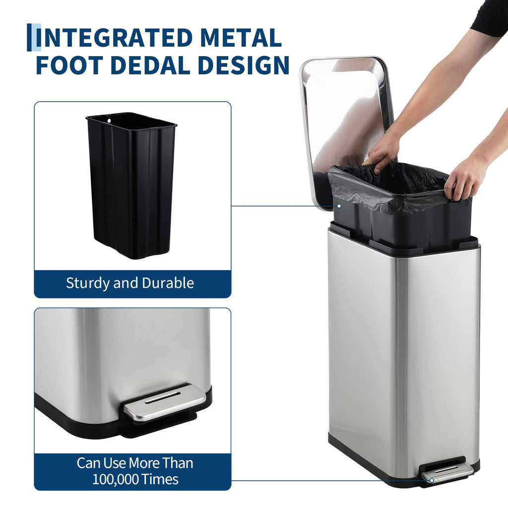 50L Slim Stainless Steel Step Trash Can with Soft-Close Lid V2084
