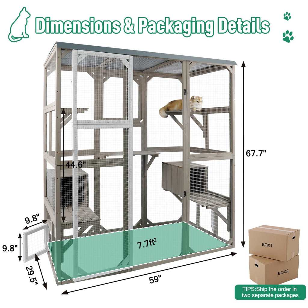Large Wooden Outdoor Cat Catio Enclosure with 2 Doors, 2 Resting Rooms, 5 Platforms Q59976