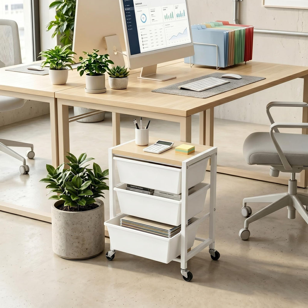 Rolling Cart with 3 Drawers, Lockable Wheels & Wooden Tabletop, Bright White L43672