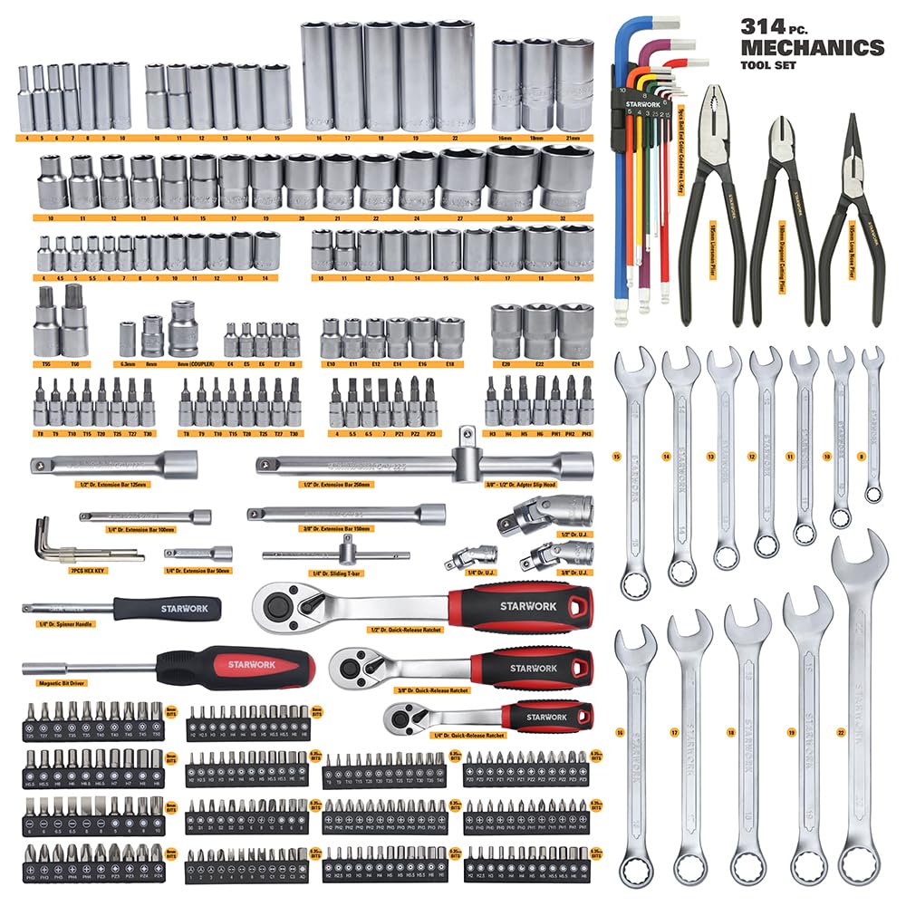 314-Piece Mechanics Tool Set and Socket Set, 1/4", 3/8", 1/2" Drive, Metric F53093