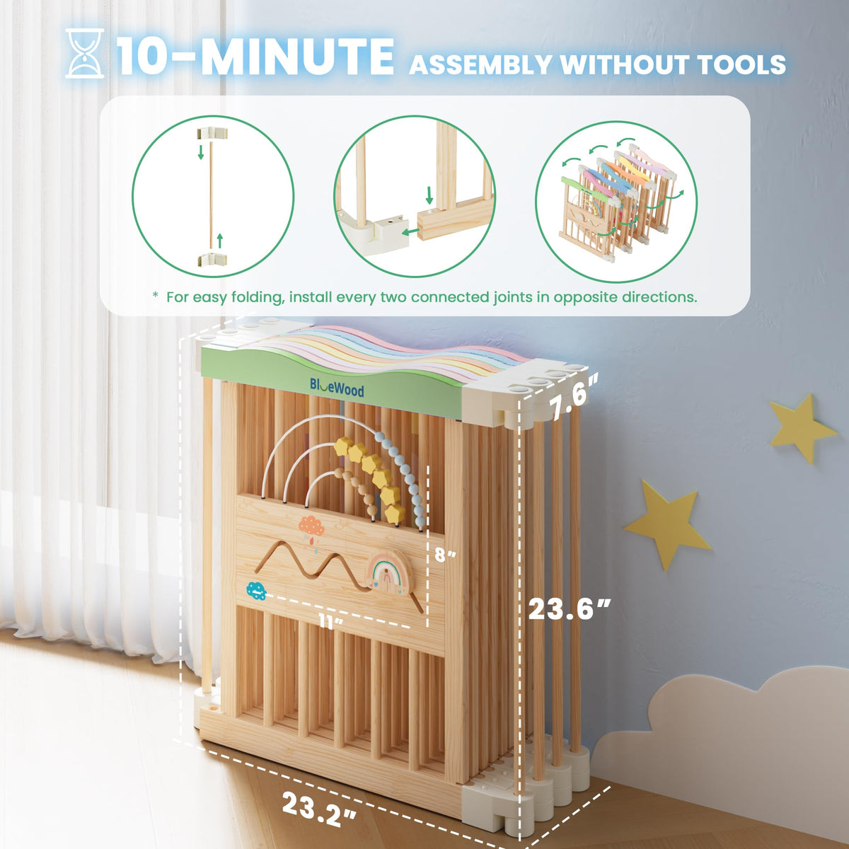 Foldable Wooden Baby Playpen, 45 x 45 x 24 inches L92306