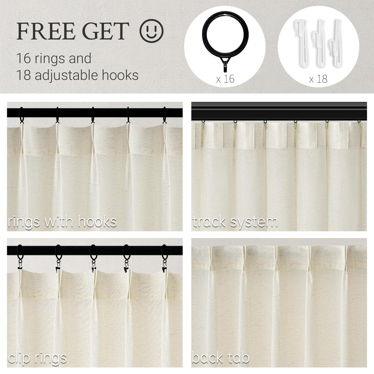 132 Inch Pinch Pleated Linen Curtains 2 Panels Natural Semi Sheer G514713