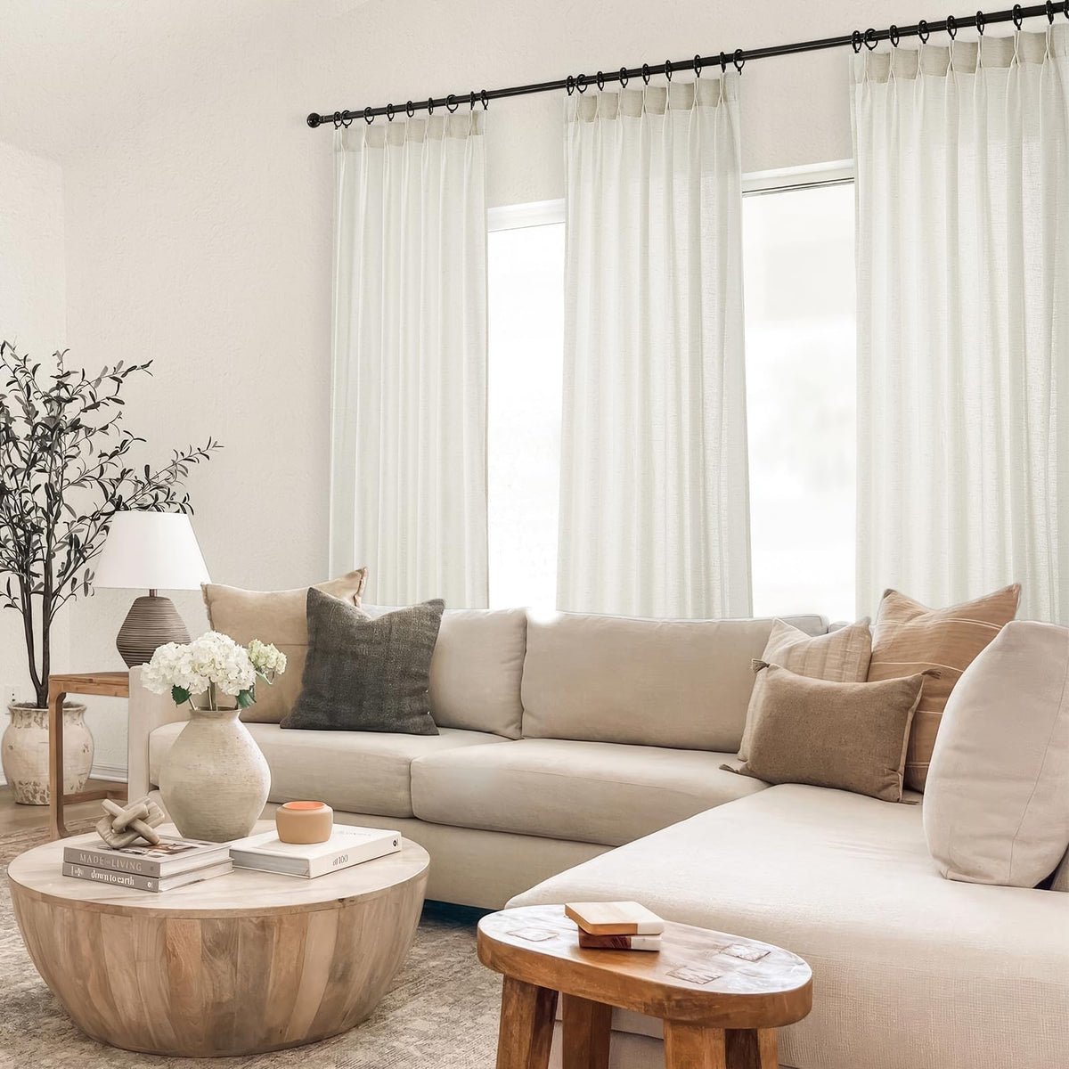 132 Inch Pinch Pleated Linen Curtains 2 Panels Natural Semi Sheer G514713