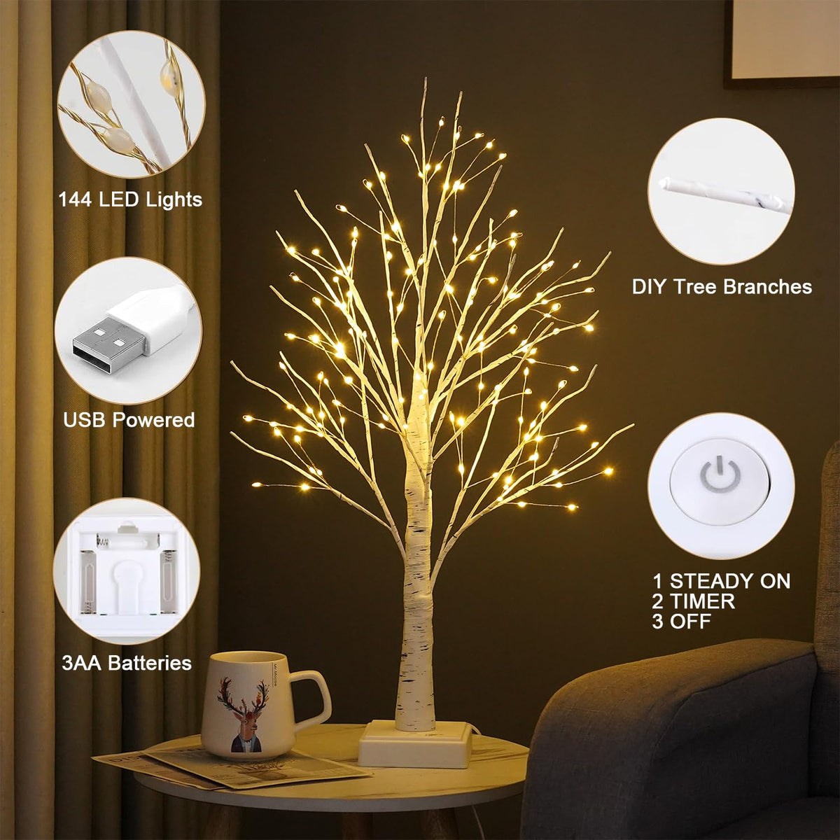 24" 2FT White Birch Tree with 144 LED Lights P5232