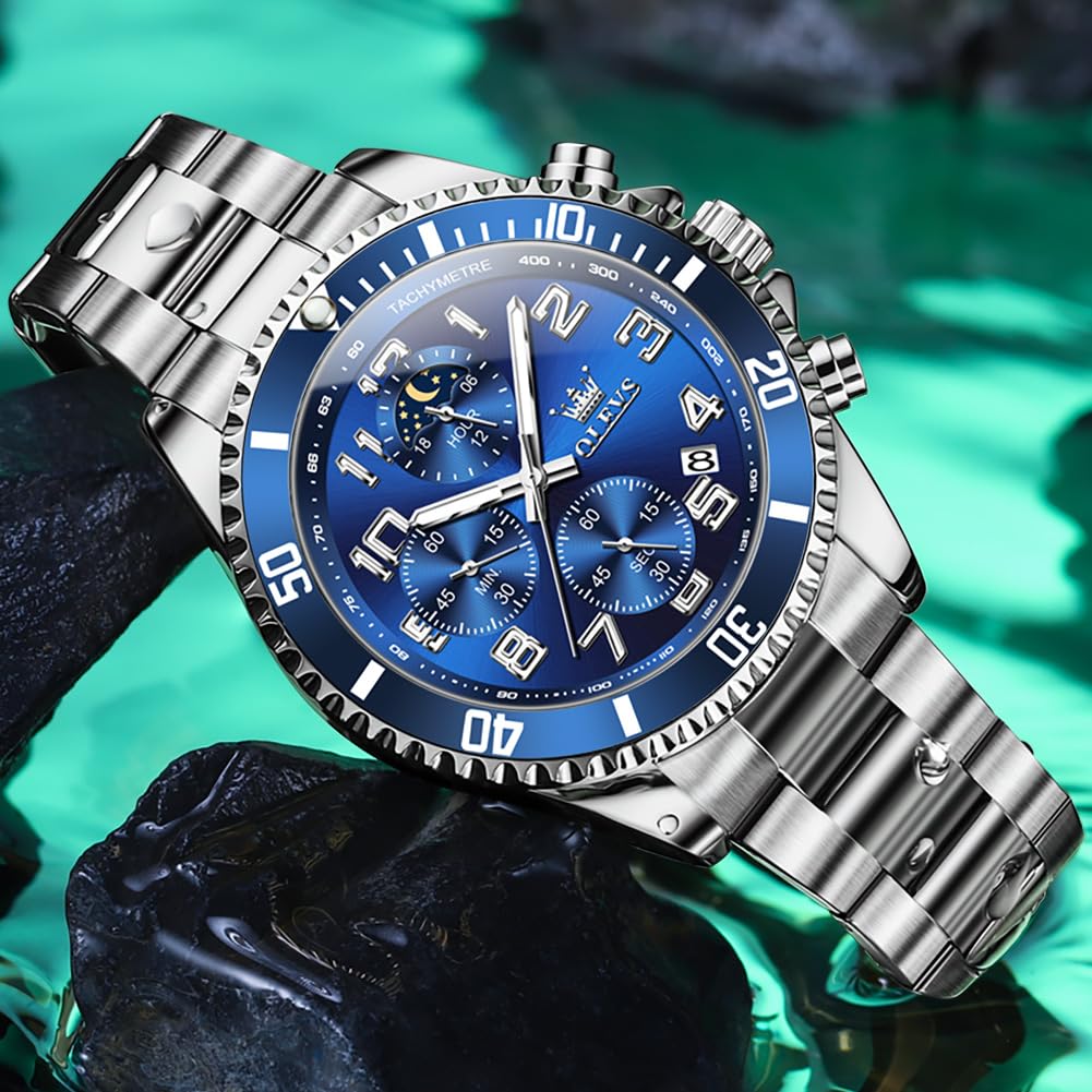Mens Chronograph Moon Phase Two Tone Stainless Steel Waterproof Luminous Wrist Watch G373