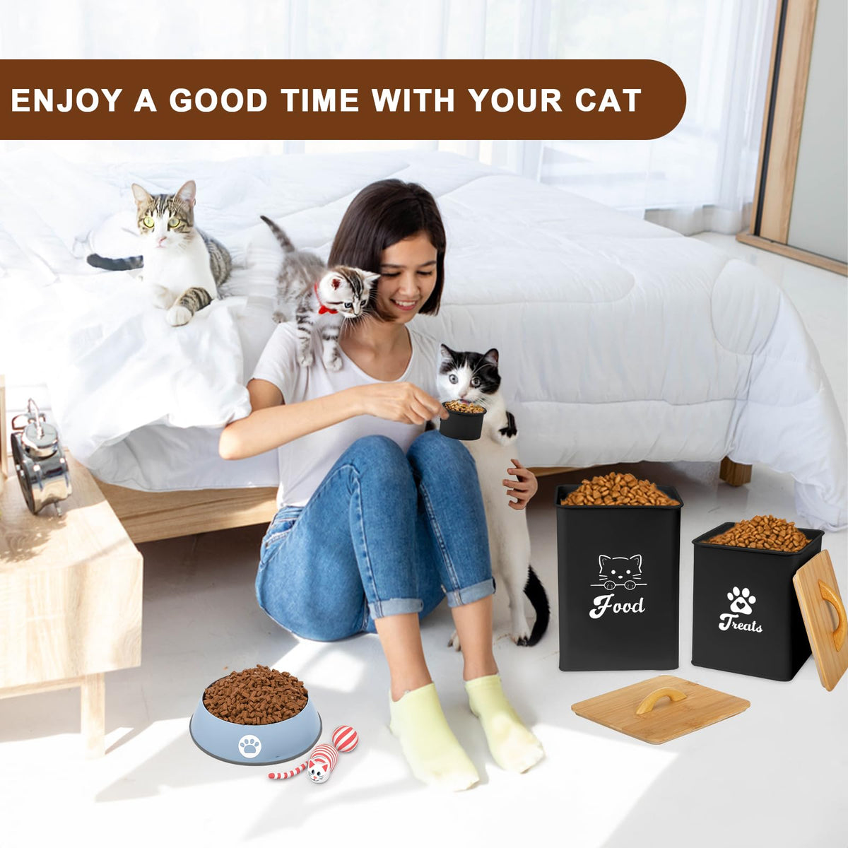 Black Airtight Cat Food Storage Container with Scoop A486673