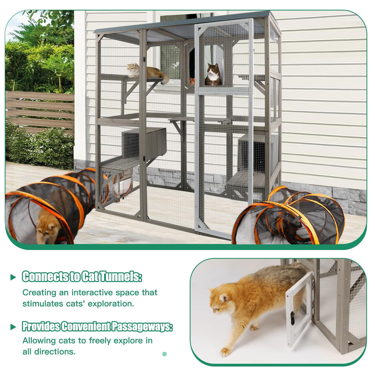 Large Wooden Outdoor Cat Catio Enclosure with 2 Doors, 2 Resting Rooms, 5 Platforms Q59976