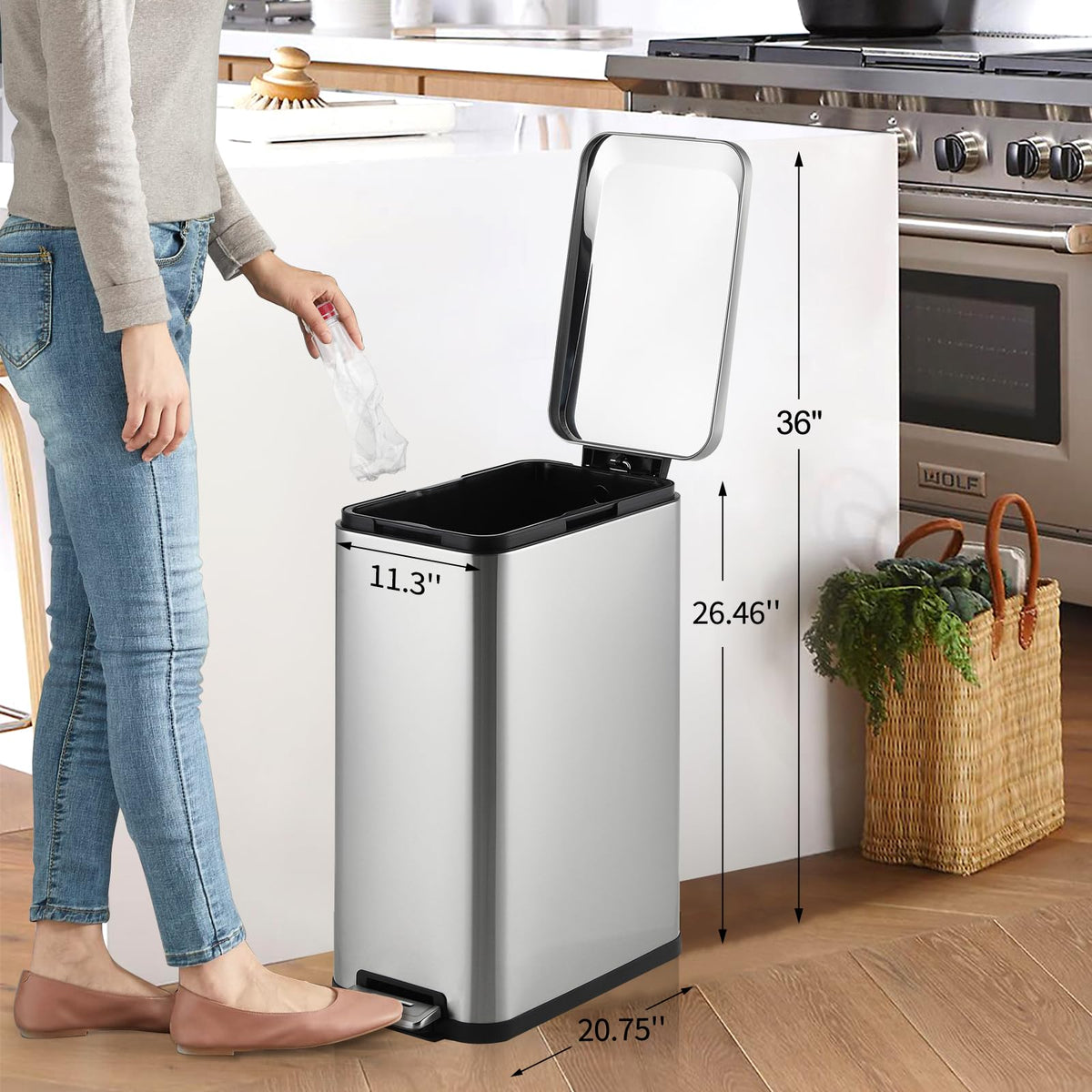 50L Slim Stainless Steel Step Trash Can with Soft-Close Lid V2084