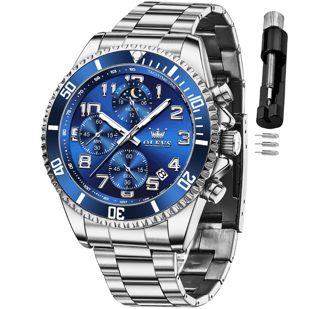 Mens Chronograph Moon Phase Two Tone Stainless Steel Waterproof Luminous Wrist Watch G373