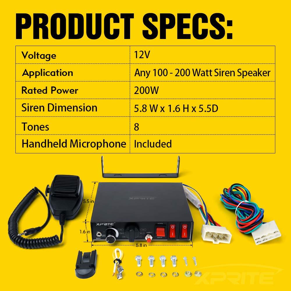 200 Watt 8 Tones Emergency Warning Siren PA System Kit with Handheld Microphone K3019