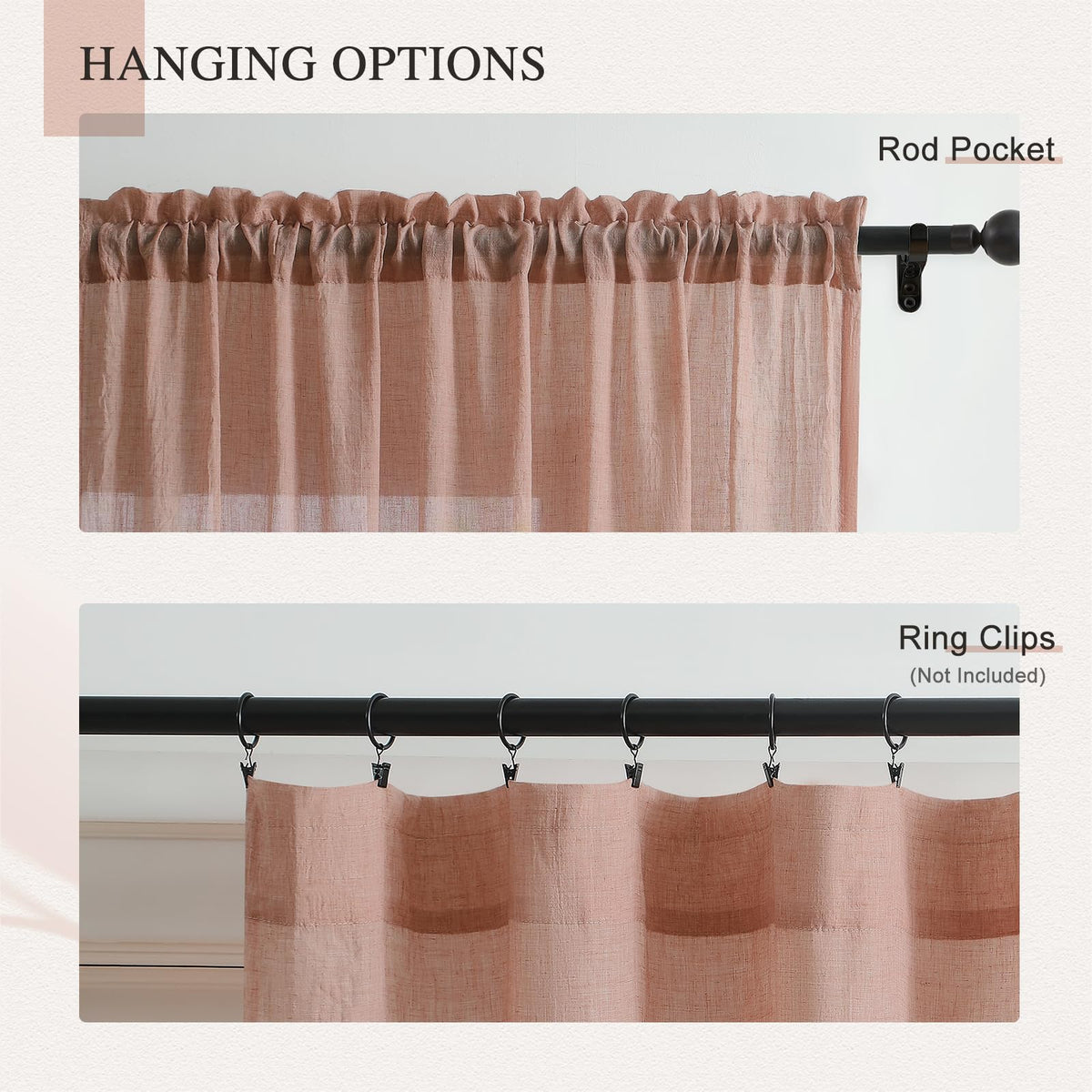 Blush Pink Sheer Cotton Linen Curtains 2 Panels W17432