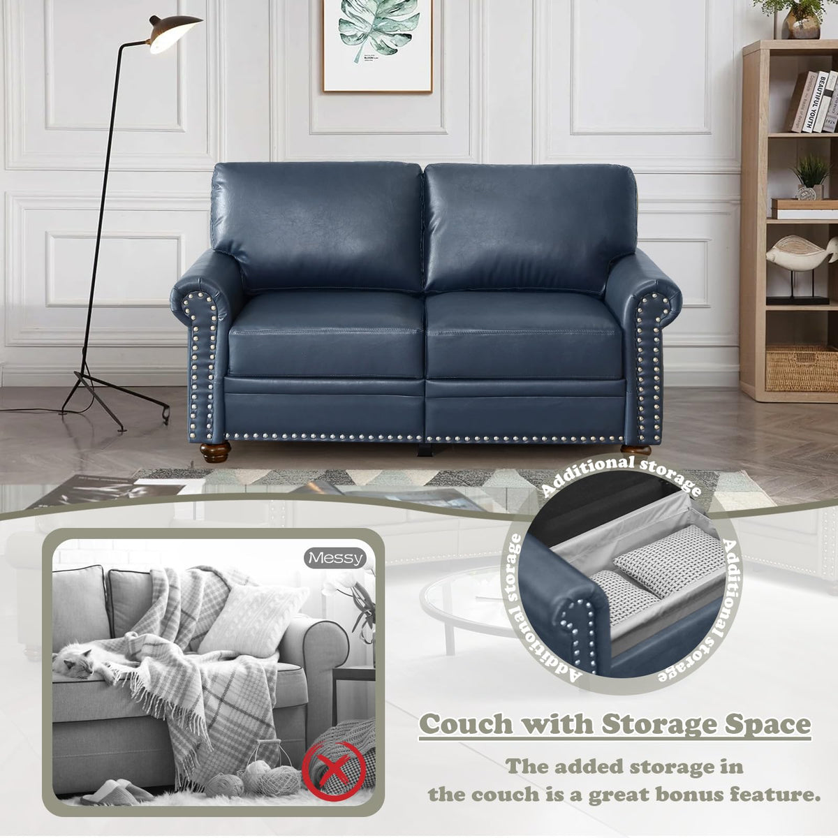 Navy Blue PU Leather Storage Loveseat Sofa Y8676