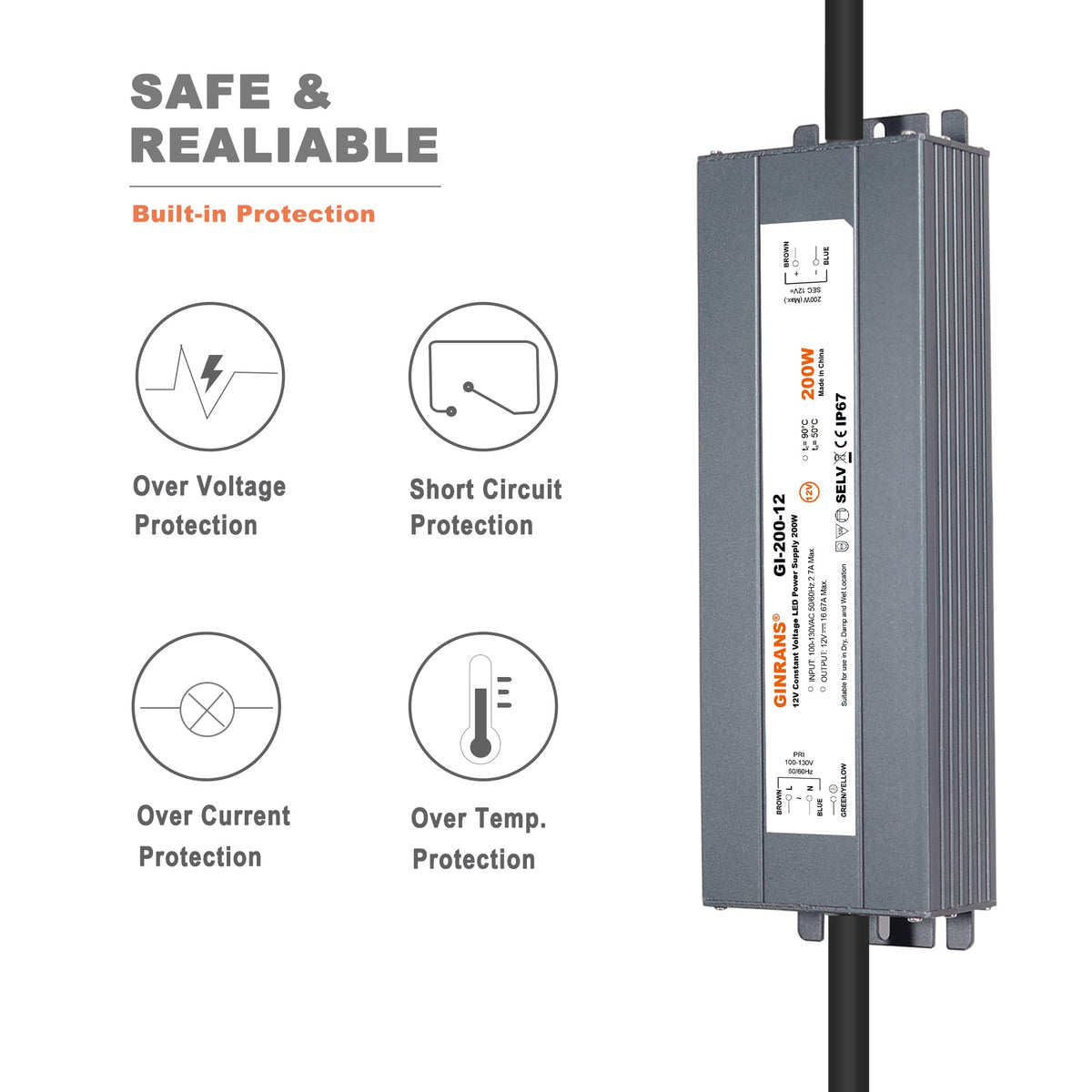 200W IP67 Waterproof Constant Voltage LED Driver Power Supply Transformer D52066