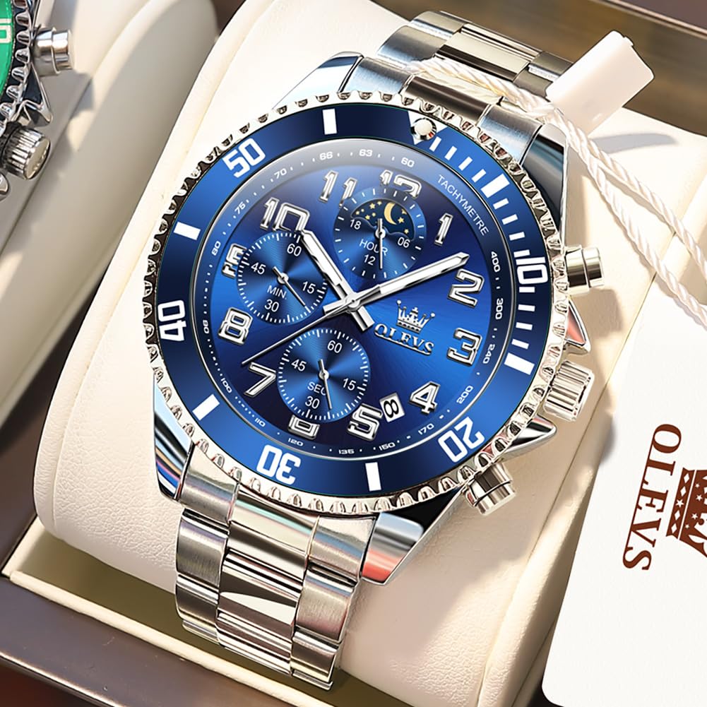 Mens Chronograph Moon Phase Two Tone Stainless Steel Waterproof Luminous Wrist Watch G373