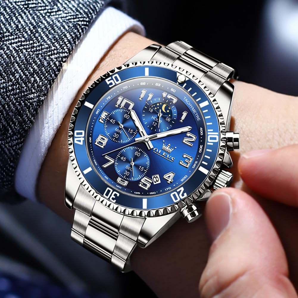 Mens Chronograph Moon Phase Two Tone Stainless Steel Waterproof Luminous Wrist Watch G373