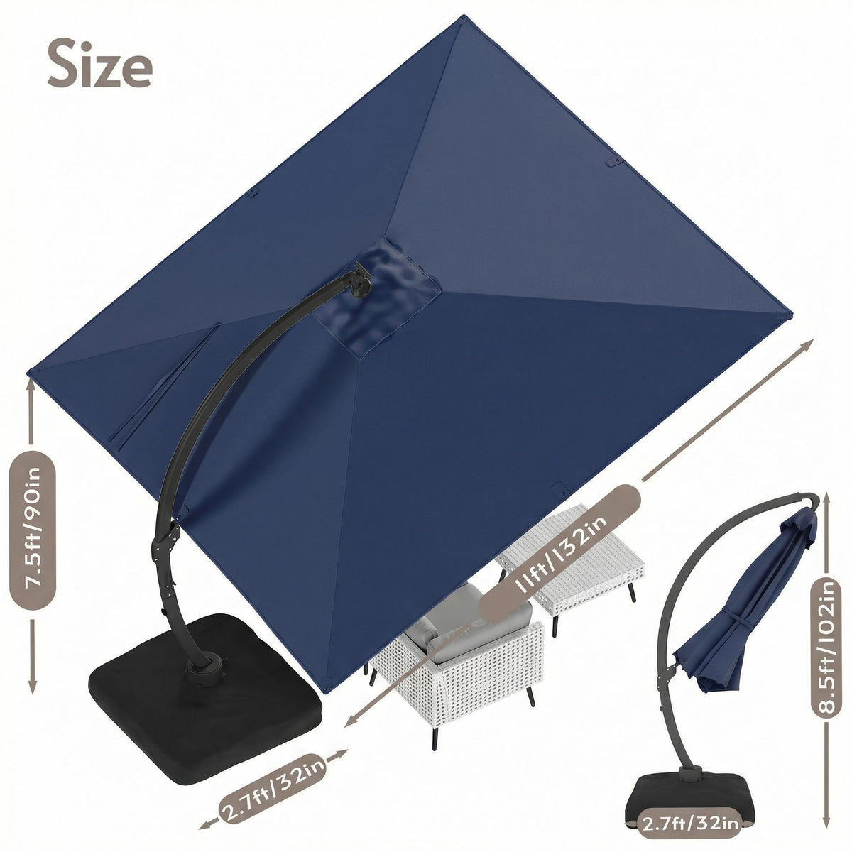 11x11ft Solar Powered Led Cantilever Umbrella with Base N2060
