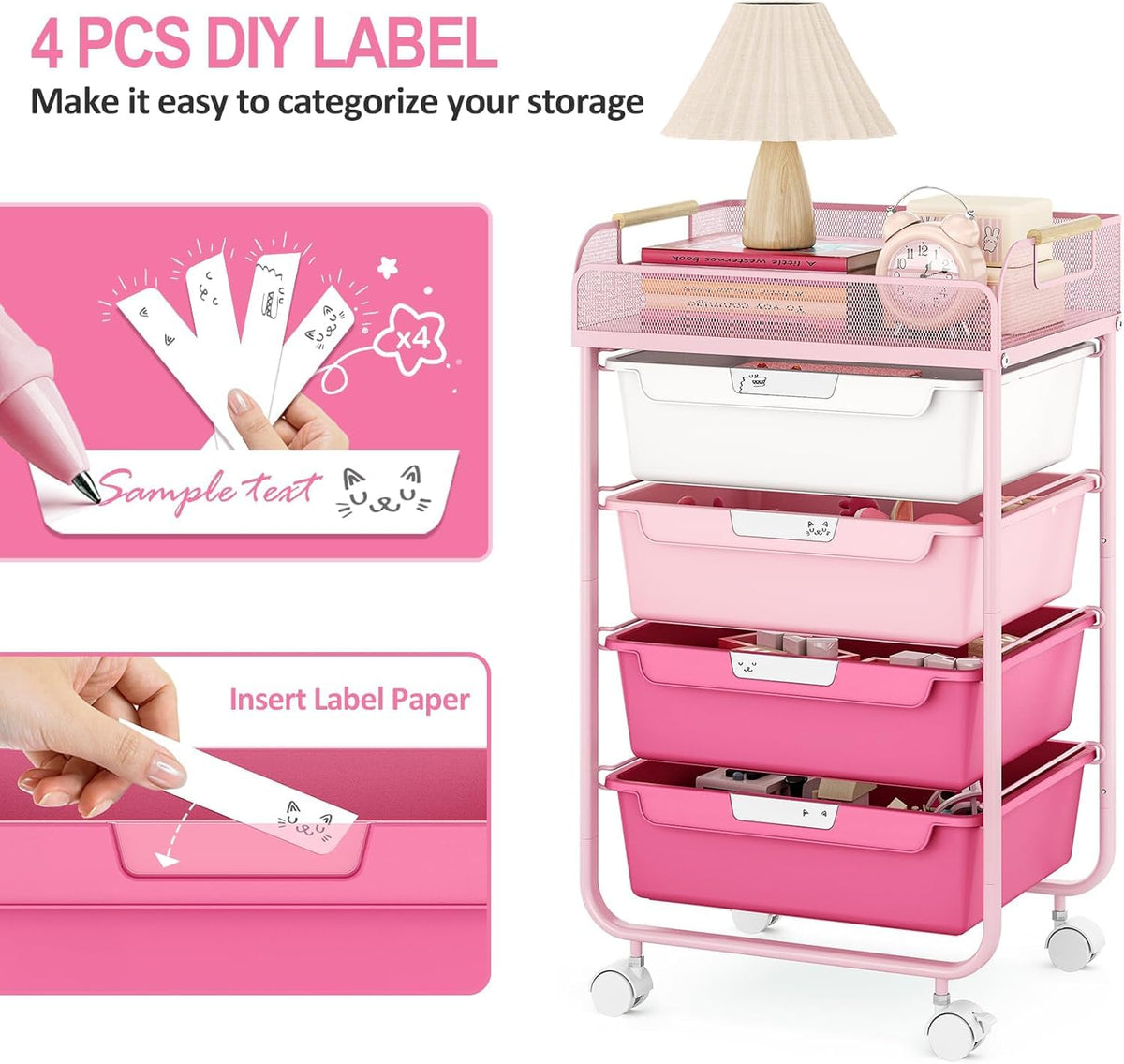 4-Drawer Rolling Storage Cart with Mesh Top Q616