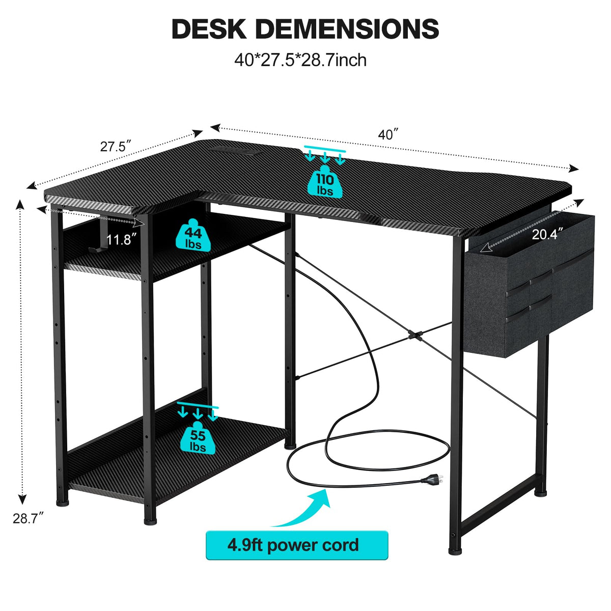L Shaped Gaming Desk 40 Inch Black Carbon S5463