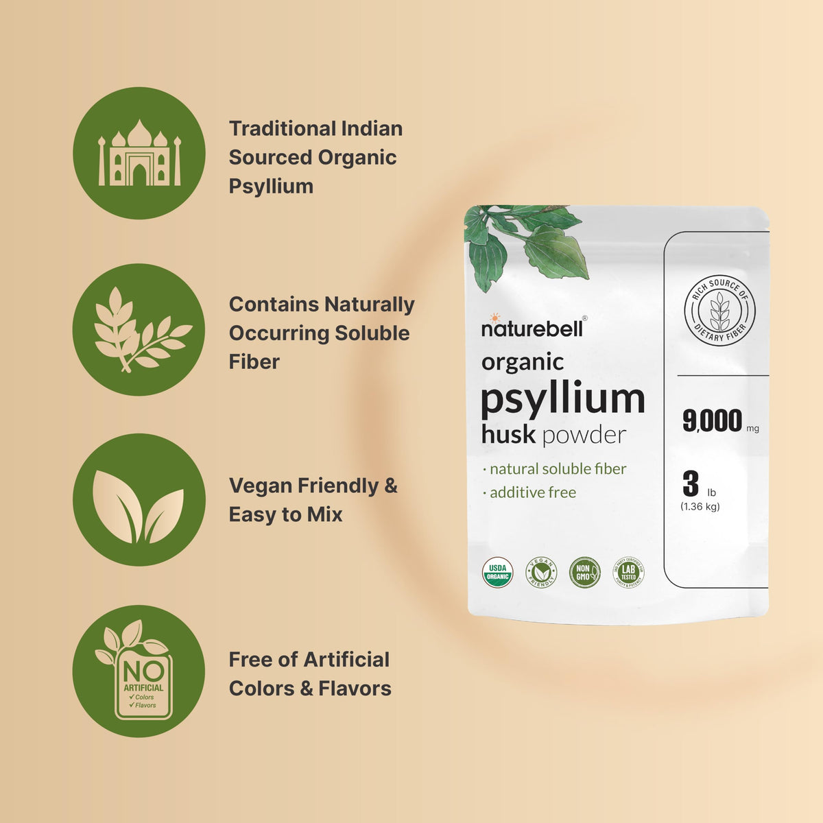 Organic Psyllium Husk Fiber Powder, 3lb, Unflavored Y493899