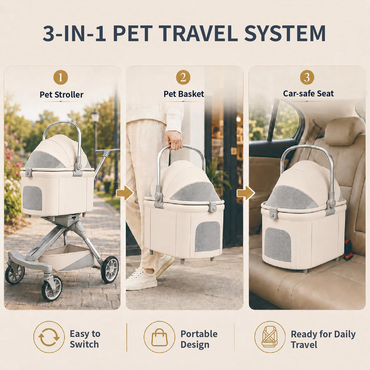 Khaki Dog Stroller with Detachable Carrier J116681