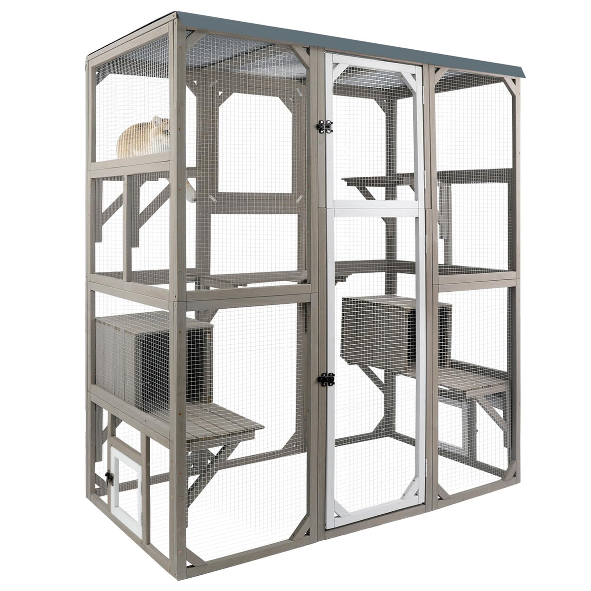 Large Wooden Outdoor Cat Catio Enclosure with 2 Doors, 2 Resting Rooms, 5 Platforms Q59976