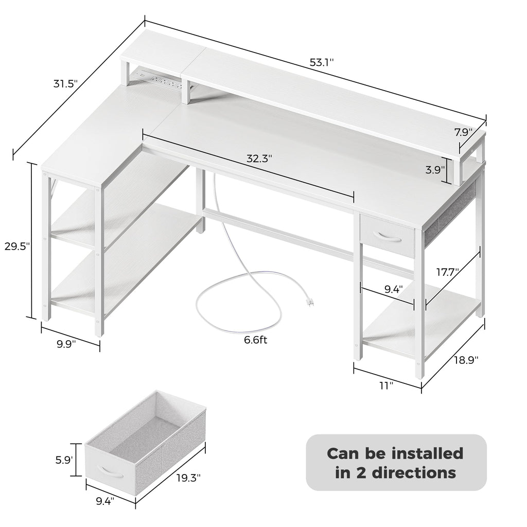 53 inch Reversible L Shaped Desk with LED Lights & Power Outlets V29990