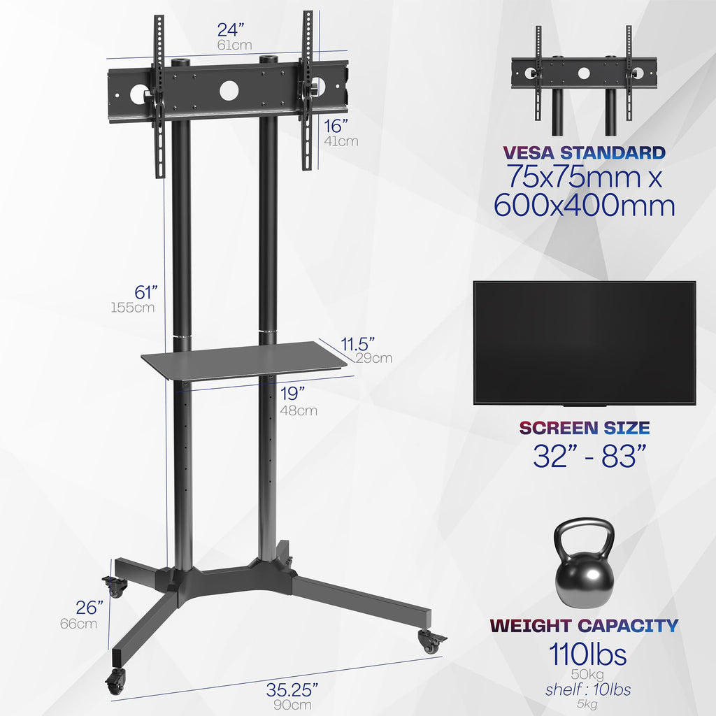 Black Mobile TV Cart for 32 to 83 inch Screens P77432