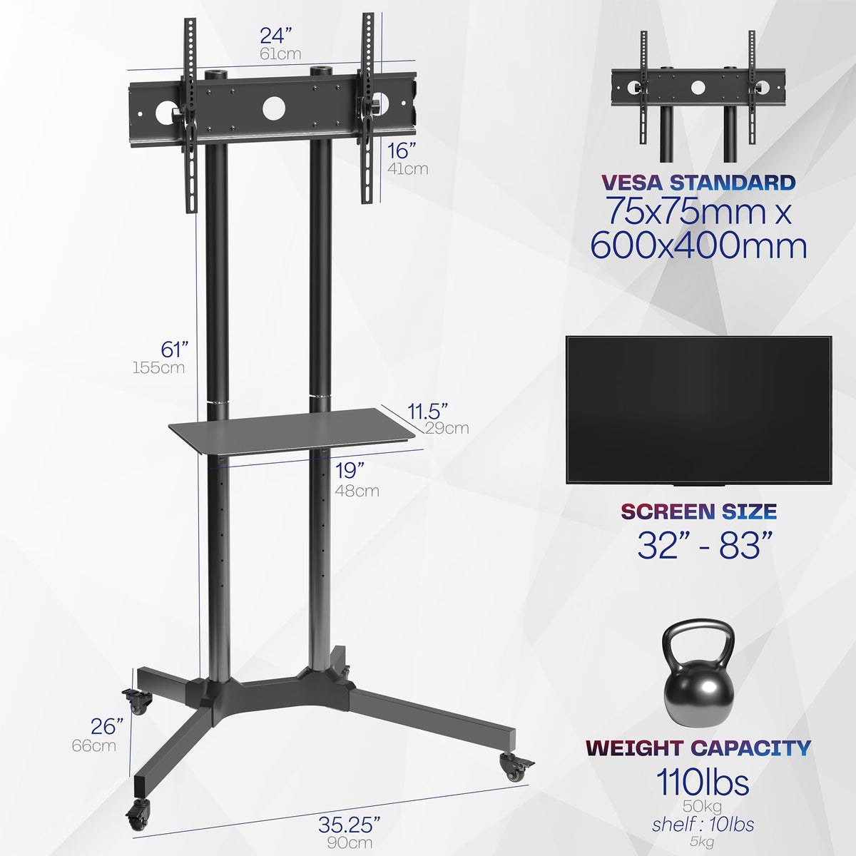 Black Mobile TV Cart for 32 to 83 inch Screens P77432