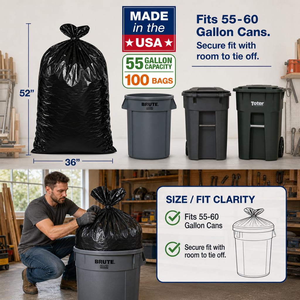 Heavy Duty Black 55-60 Gallon Trash Bags 100 Count K59340