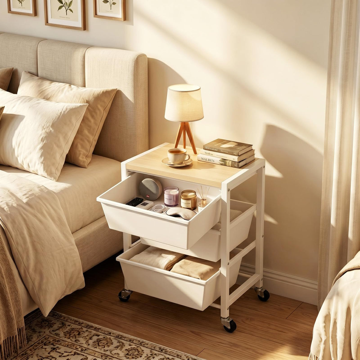 Rolling Cart with 3 Drawers, Lockable Wheels & Wooden Tabletop, Bright White L43672