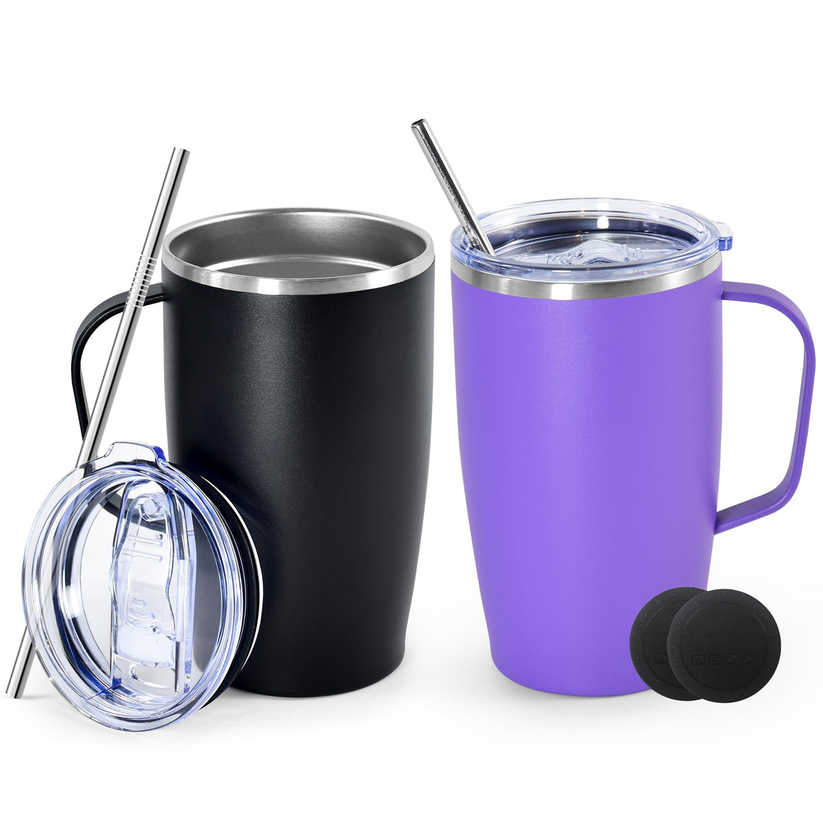 16oz Coffee Mug with Handle, 2Pack Insulated Tumblers with Lid and Straw C7084