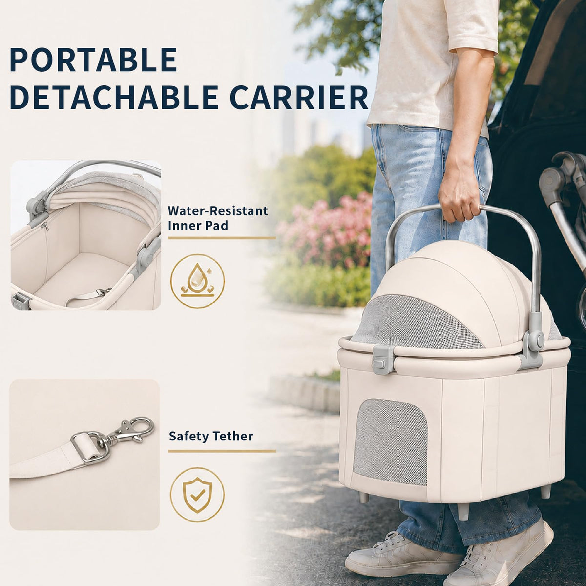 Khaki Dog Stroller with Detachable Carrier J116681