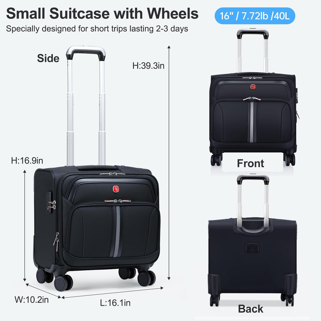 Black 16-Inch Underseat Carry-On Luggage with 4 Spinner Wheels K2637