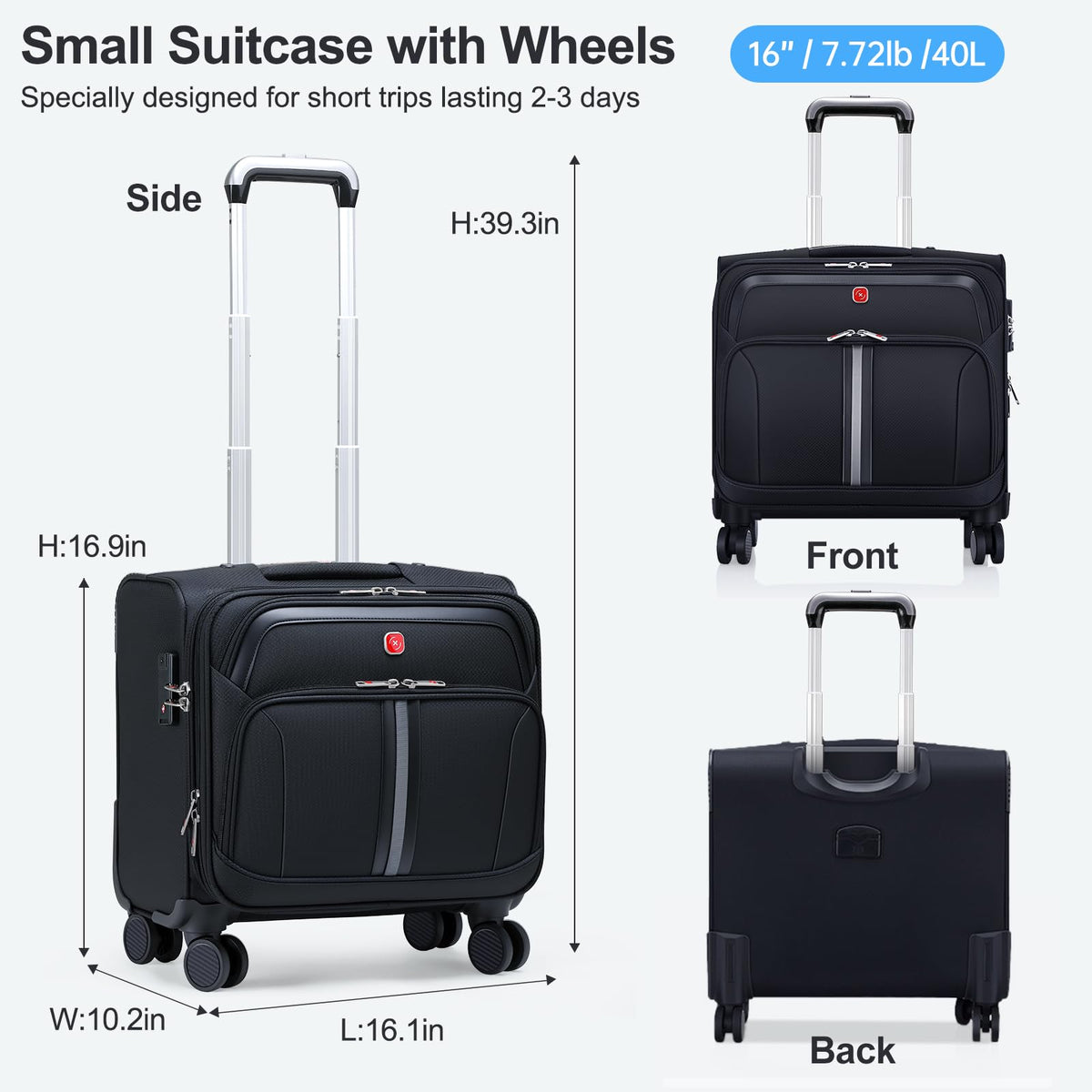 Black 16-Inch Underseat Carry-On Luggage with 4 Spinner Wheels K2637