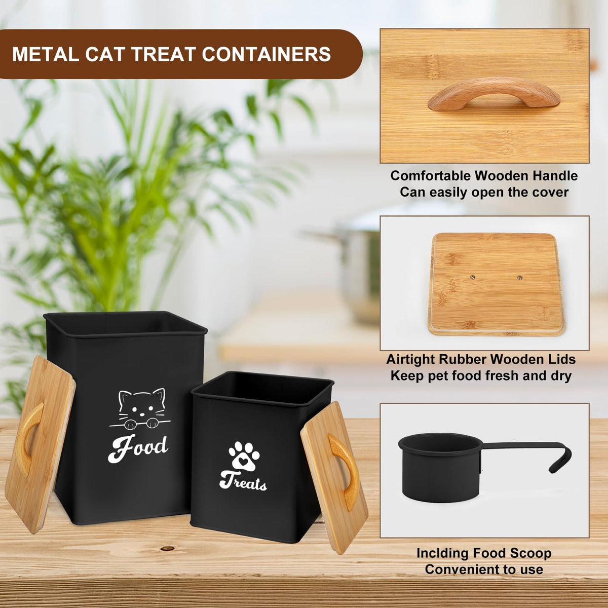 Black Airtight Cat Food Storage Container with Scoop A486673