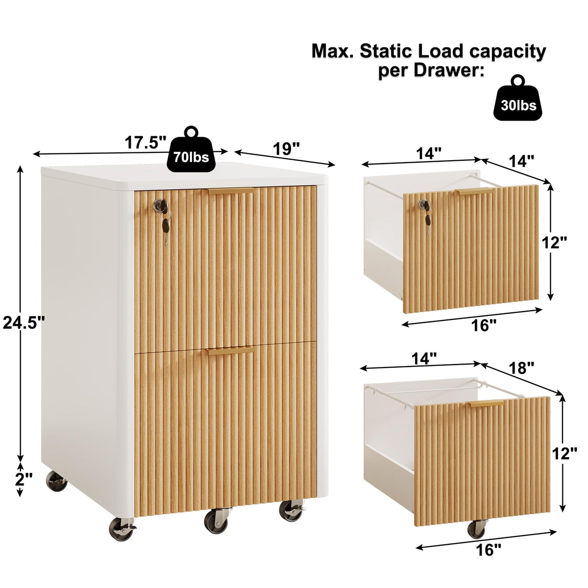 2 Drawer Wooden Mobile File Cabinet with Lock D227