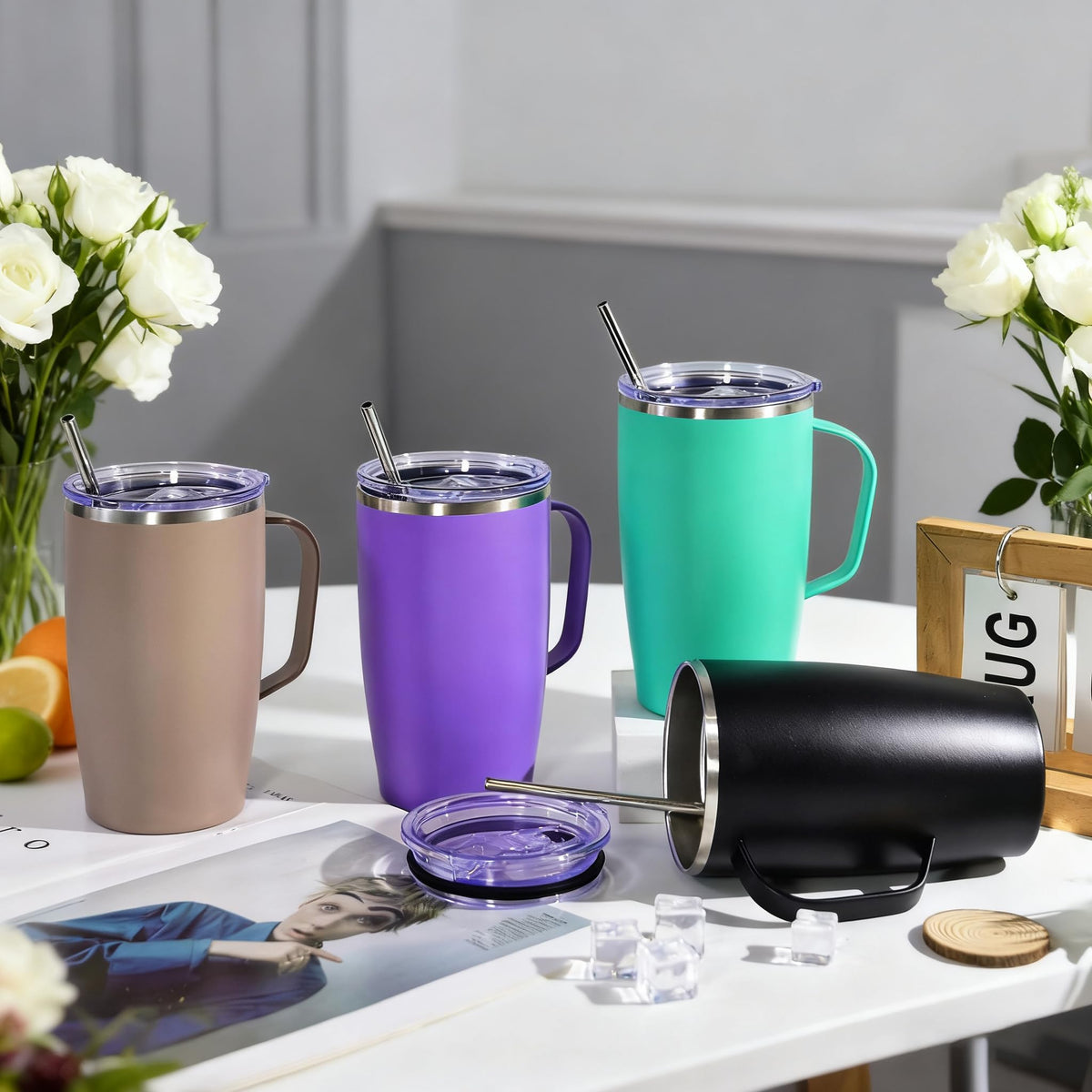 16oz Coffee Mug with Handle, 2Pack Insulated Tumblers with Lid and Straw C7084