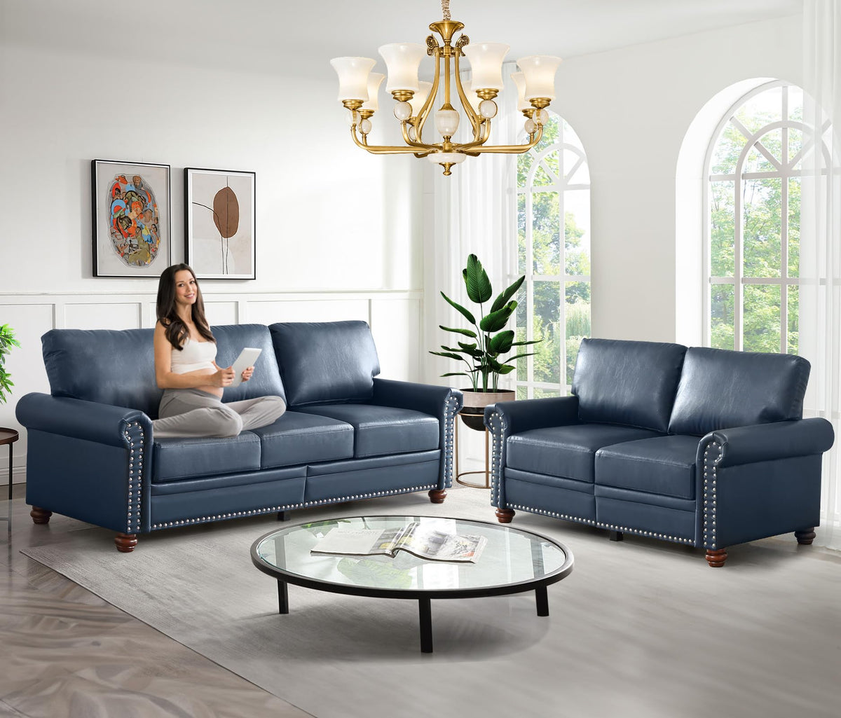 Navy Blue PU Leather Storage Loveseat Sofa Y8676