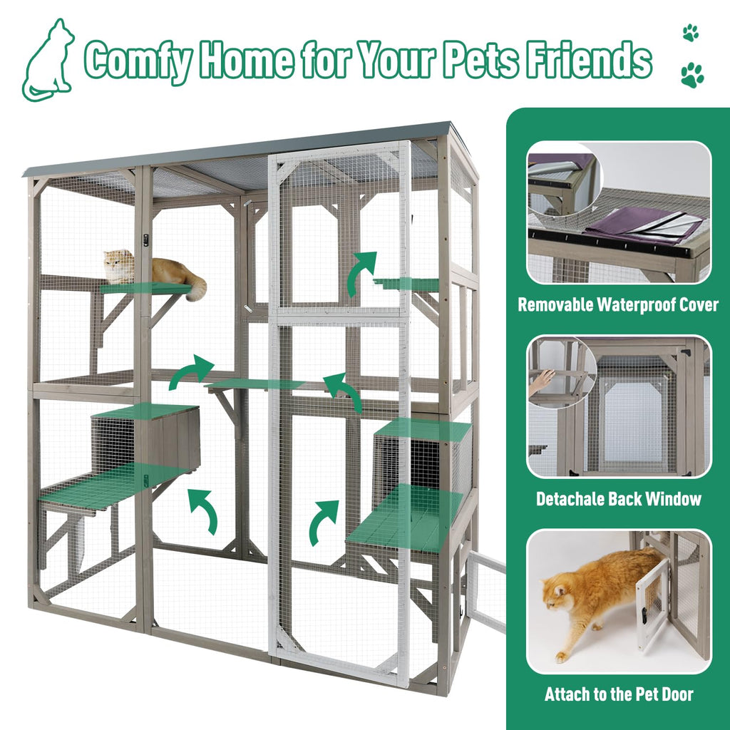 Large Wooden Outdoor Cat Catio Enclosure with 2 Doors, 2 Resting Rooms, 5 Platforms Q59976