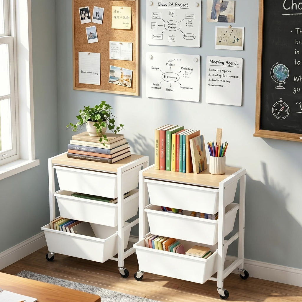 Rolling Cart with 3 Drawers, Lockable Wheels & Wooden Tabletop, Bright White L43672