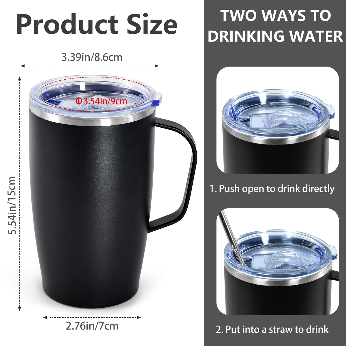 16oz Coffee Mug with Handle, 2Pack Insulated Tumblers with Lid and Straw C7084