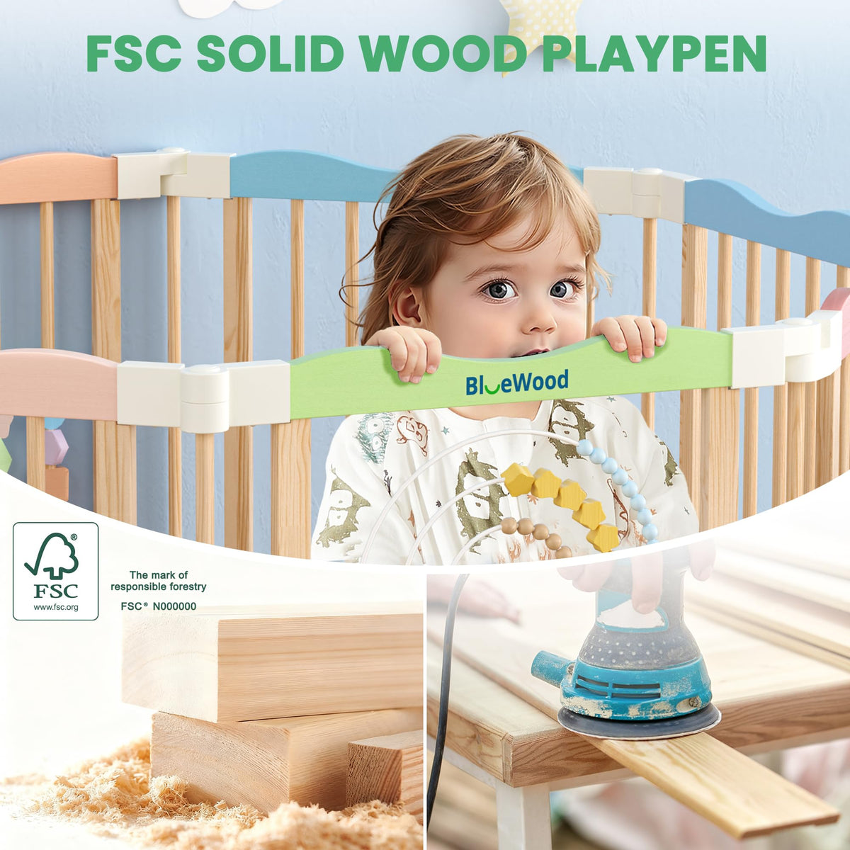 Foldable Wooden Baby Playpen, 45 x 45 x 24 inches L92306