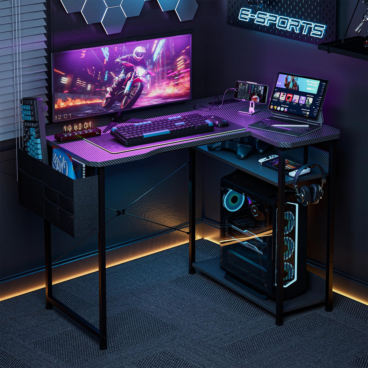 L Shaped Gaming Desk 40 Inch Black Carbon S5463