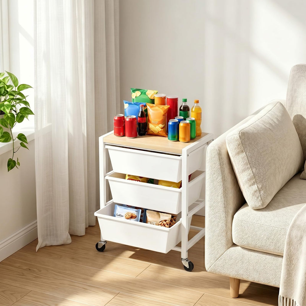 Rolling Cart with 3 Drawers, Lockable Wheels & Wooden Tabletop, Bright White L43672