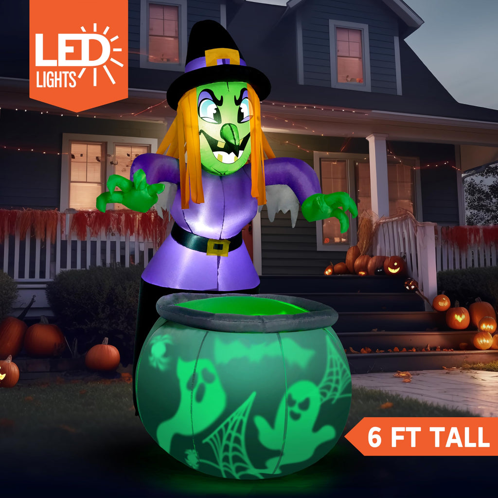 6 Ft Halloween Inflatable Witch and Cauldron Decoration with Green Ghost Light R3302